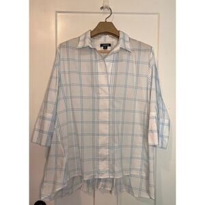 Lands End Womens Popover Top White Windowpane 3/4 Sleeve Collar Stretch Plus 2X